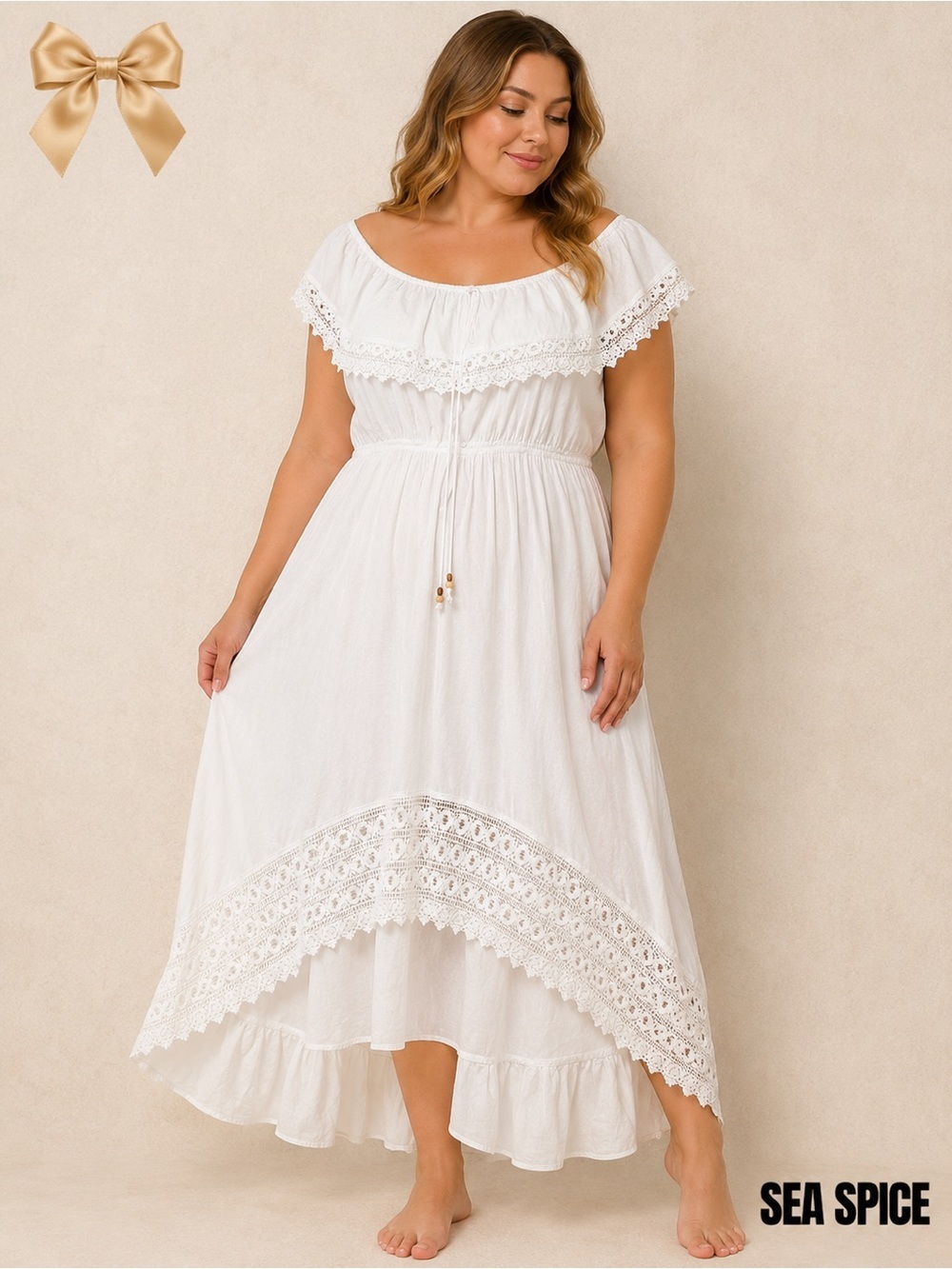 Sea Spice White Off Shoulder Boho Maxi Dress XL